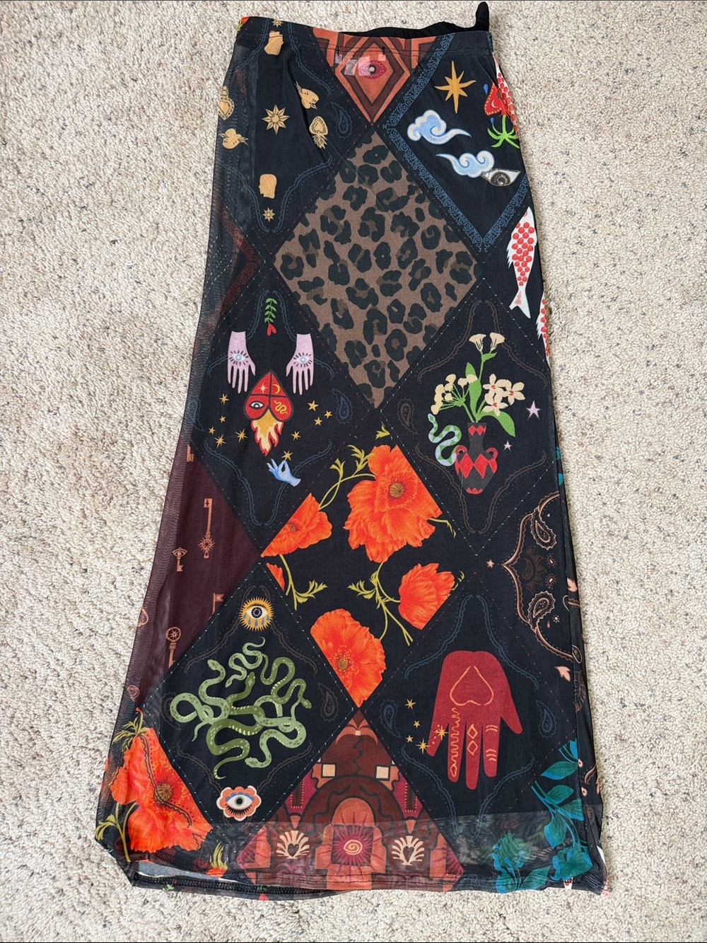 Never Fully Dressed RARE Black Maxi Skirt with unique patchwork Motifs Sz 2 🐍